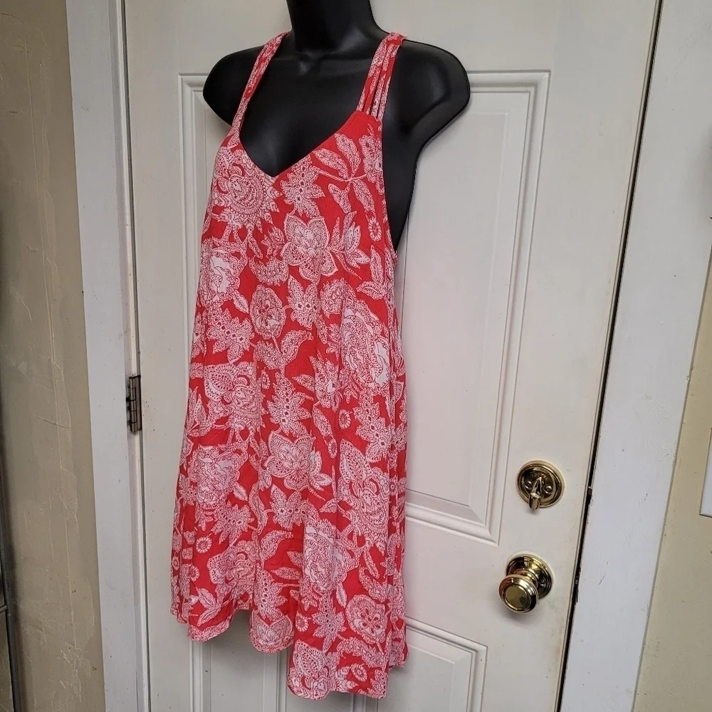 Entro Coral And White Paisley Open Strappy Back‎ Swing Dress Women's Size Small